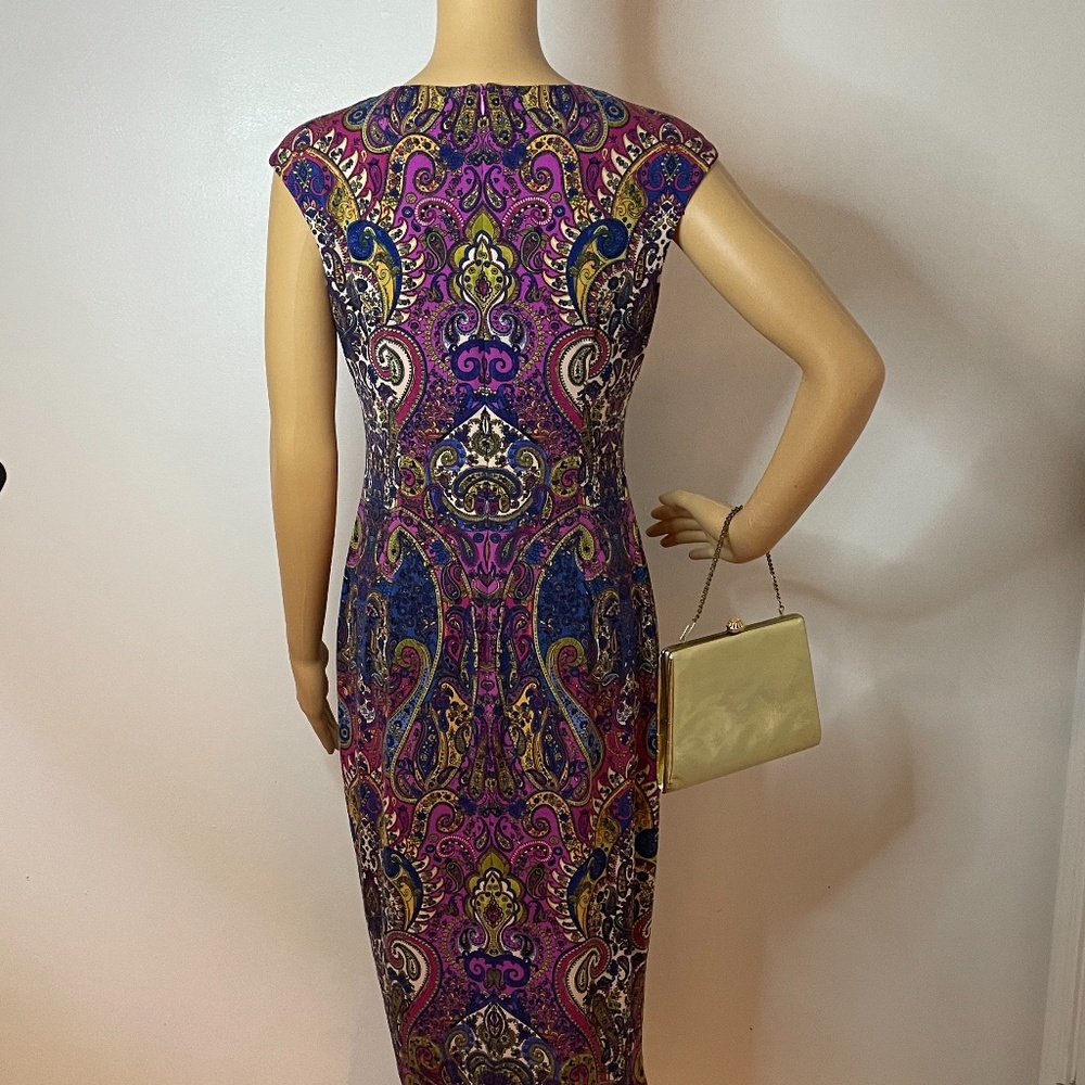 Purple green yellow navy paisley sheath midi dress - Picture 12 of 12